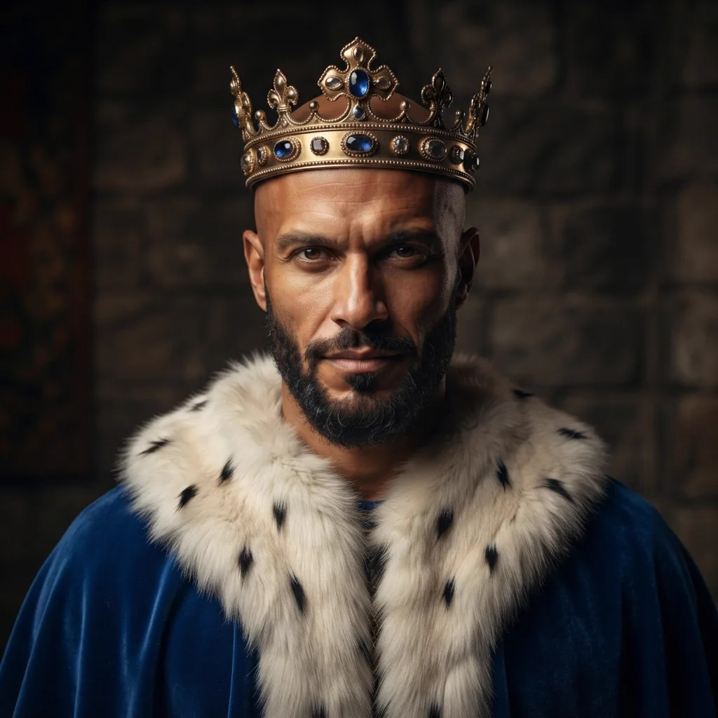 Illustration: portrait of a crowned figure in a blue robe with an ermine collar, facing the camera against a stone wall, used as the author image for Allan Oliveira