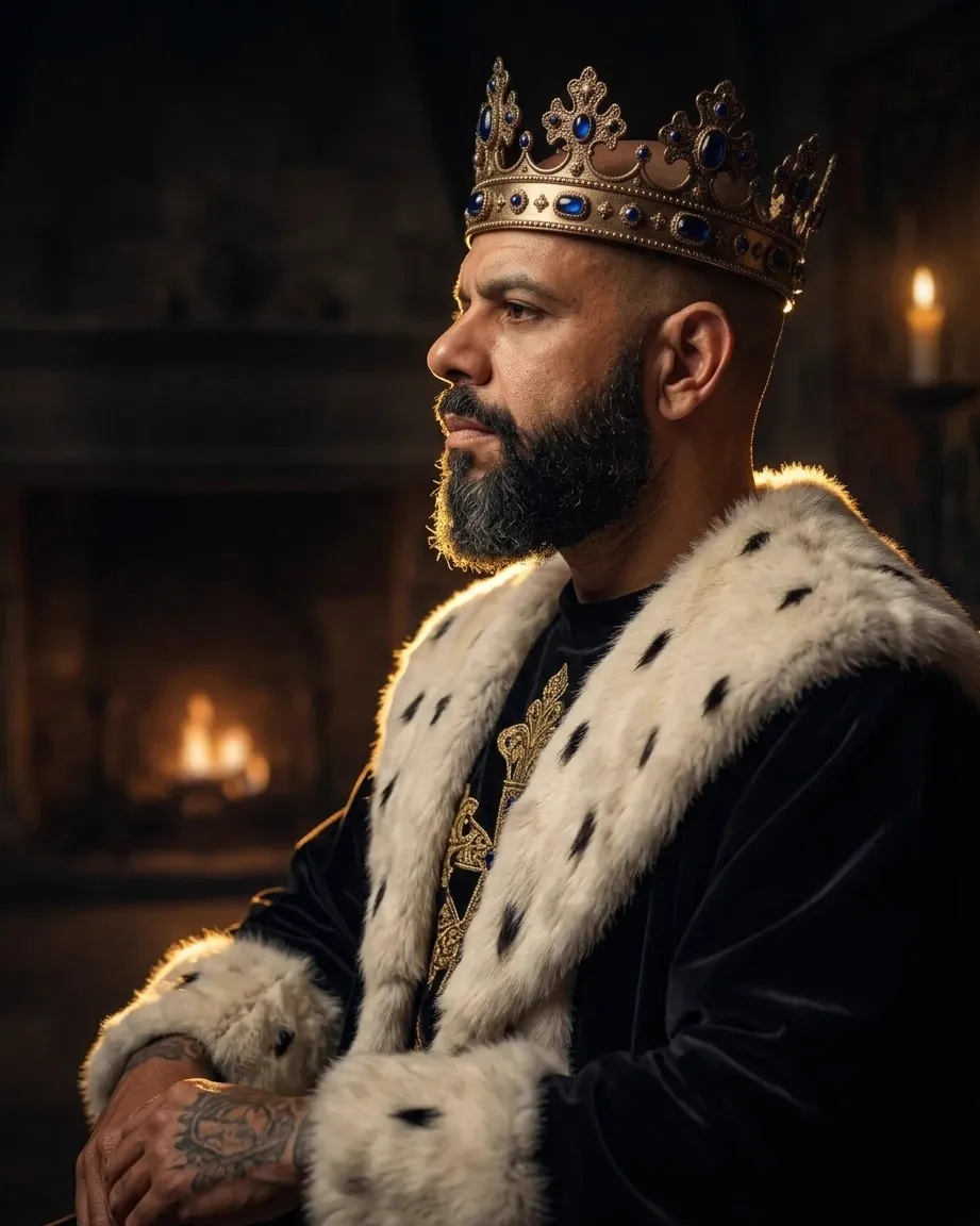 King of AEO: aI-generated illustration: Allan Oliveira in profile, crowned and wearing an ermine collar, lit from behind by a fire in a stone hearth with a single candle burning to his right