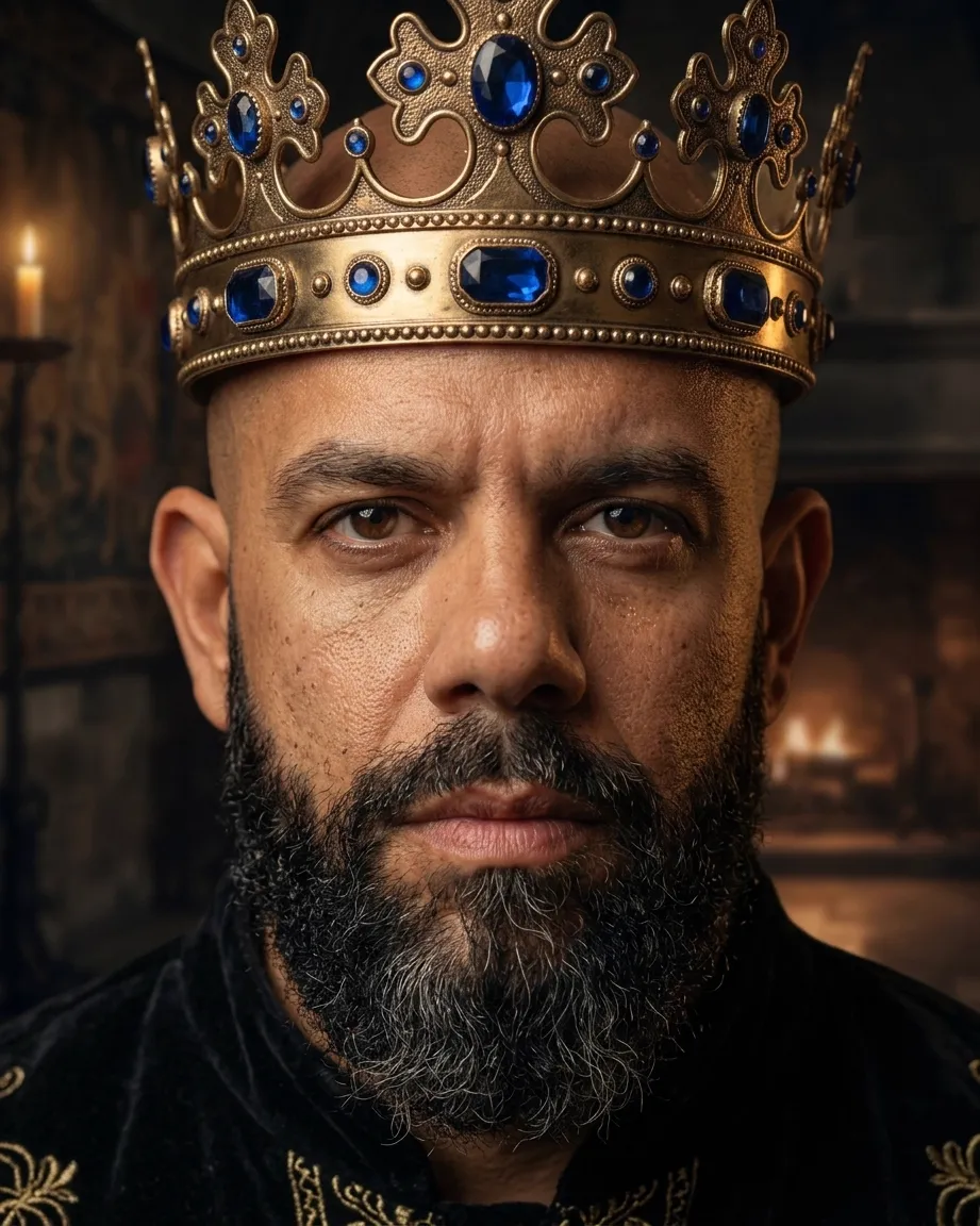 King of AEO: aI-generated illustration: Tight portrait of Allan Oliveira looking straight at the camera, wearing a gold crown set with blue sapphires, a candle burning at his left and a fire out of focus behind him