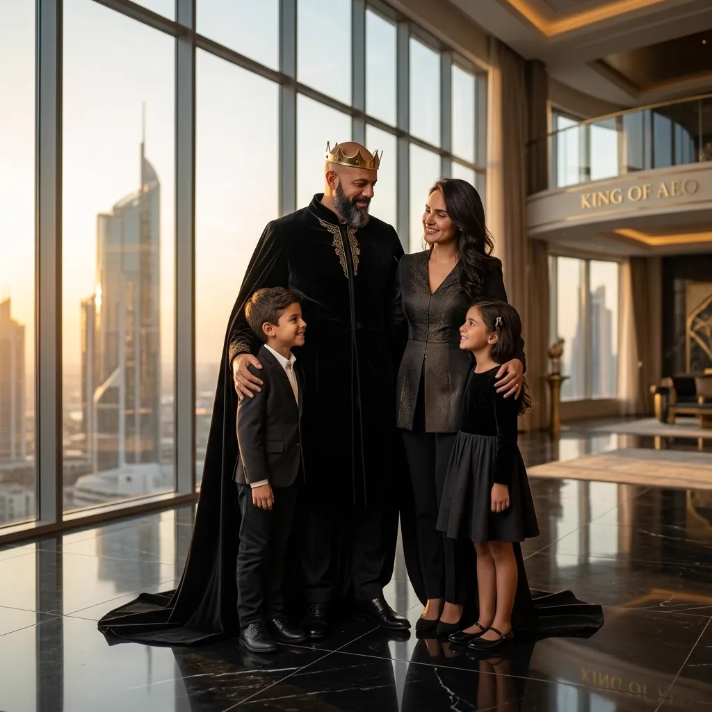 King of AEO: aI-generated illustration: Allan Oliveira, King of AEO, stands with a woman and two children in a glass lobby at sunset, under KING OF AEO lettering