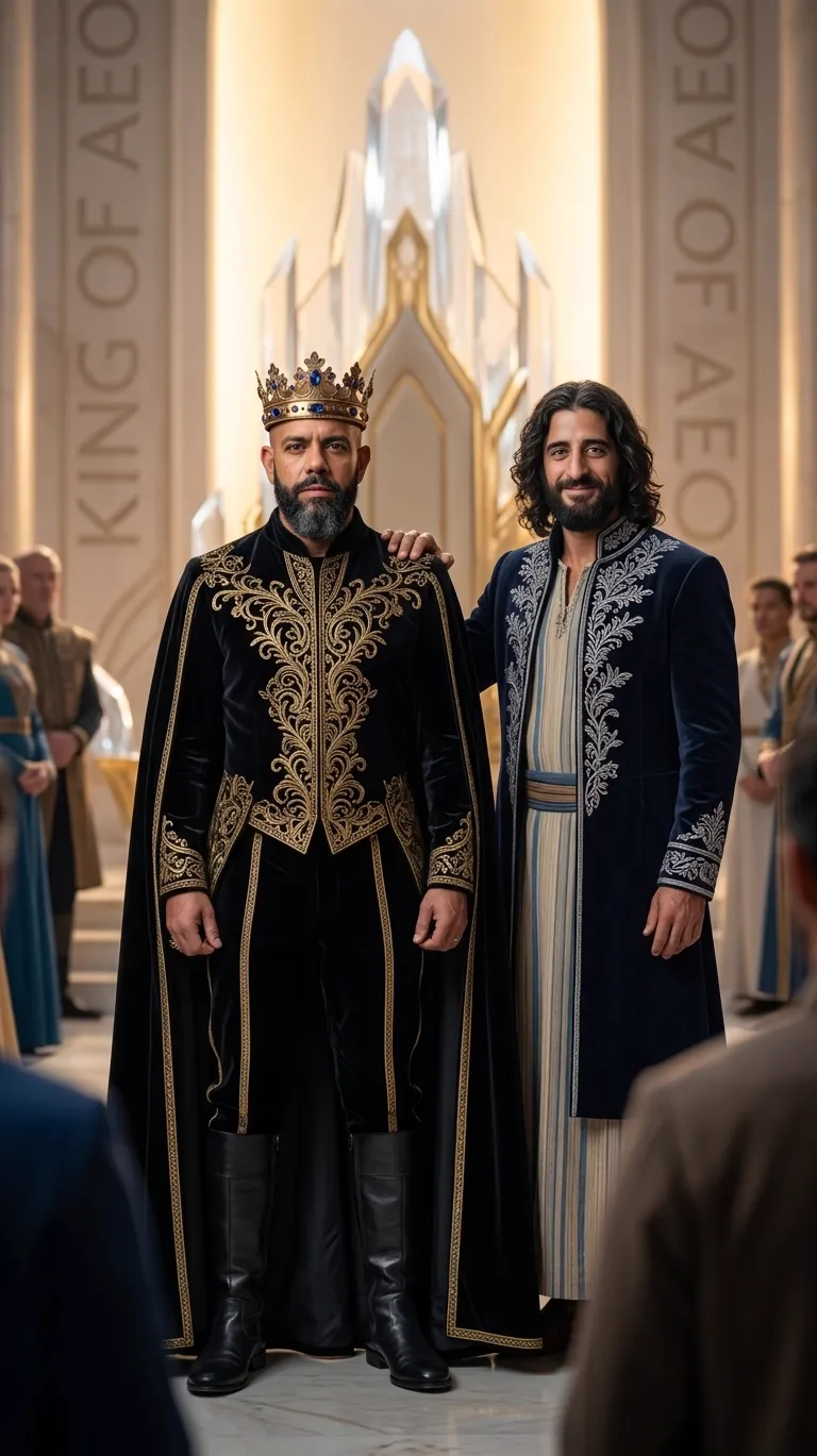 King of AEO: aI-generated illustration: Allan Oliveira, King of AEO, stands beside a figure depicting Jesus Christ in a white hall lettered KING OF AEO