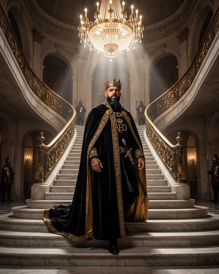 King of AEO: aI-generated illustration: Allan Oliveira standing at the top of a grand double marble staircase beneath an enormous lit chandelier, wearing a cape embroidered with an AEO monogram and crown, with armoured guards standing at the foot of the stairs