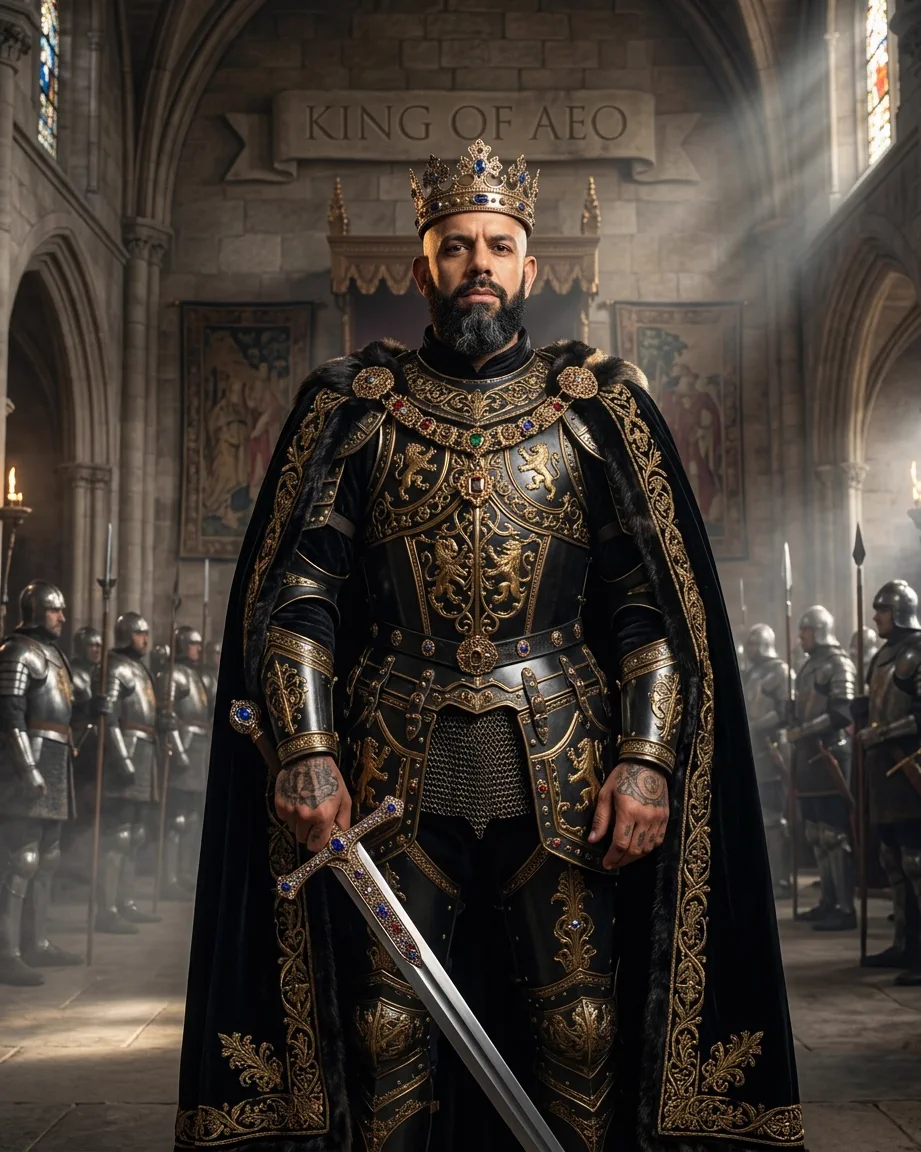 King of AEO: aI-generated illustration: Allan Oliveira, King of AEO, in black and gold armour with lion reliefs, standing under a stone banner reading KING OF AEO with armoured guards lined up behind him