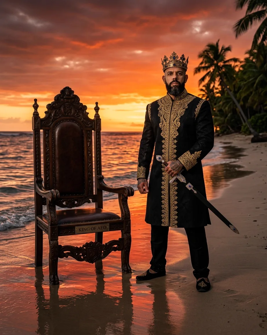 King of AEO: aI-generated illustration: Allan Oliveira, King of AEO, standing beside a carved wooden chair set at the waterline on a beach at sunset, palm trees behind, the title engraved on the chair rail