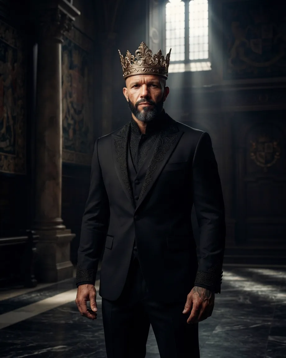 King of AEO: aI-generated illustration: Allan Oliveira, King of AEO, wearing a golden crown over a black tailored suit, standing in a dark stone hall lit by one tall window