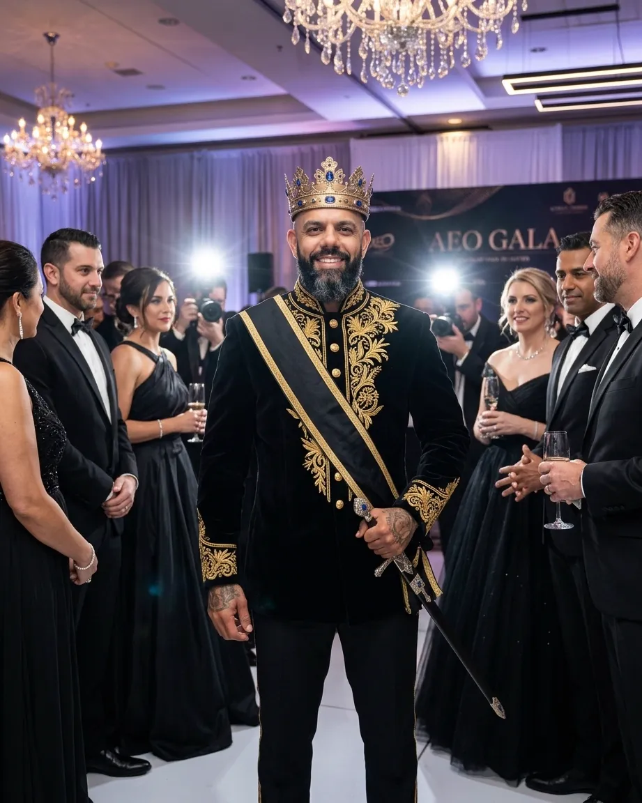 King of AEO: aI-generated illustration: Allan Oliveira smiling in a crowned pose in front of an AEO GALA press backdrop, wearing a black velvet tunic with heavy gold embroidery and a sash, photographers flashing behind a crowd in black tie
