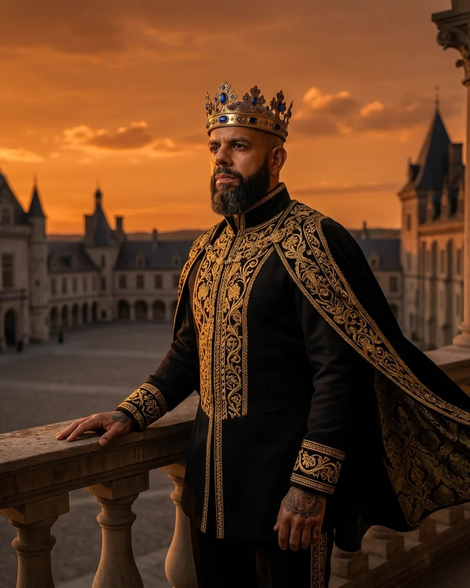 King of AEO: aI-generated illustration: Allan Oliveira, King of AEO, leaning on a stone balustrade above a castle courtyard at dusk, in a black tunic heavy with gold embroidery and a jewelled crown