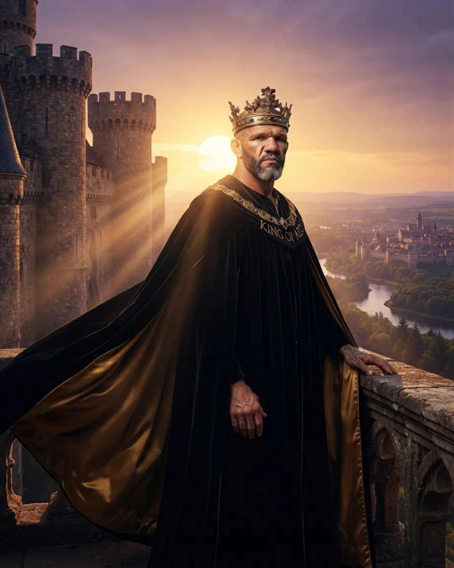 King of AEO: aI-generated illustration: Allan Oliveira, King of AEO, on a castle terrace at sunset in a black cloak lined with gold, the words KING OF AEO embroidered on the collar, a river town in the valley below