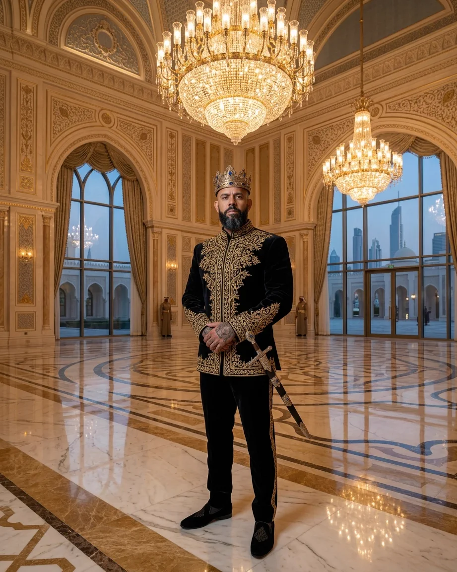 King of AEO: aI-generated illustration: Allan Oliveira, King of AEO, alone on a polished marble floor under two crystal chandeliers in a gilded hall, a city skyline visible through the arched glass wall