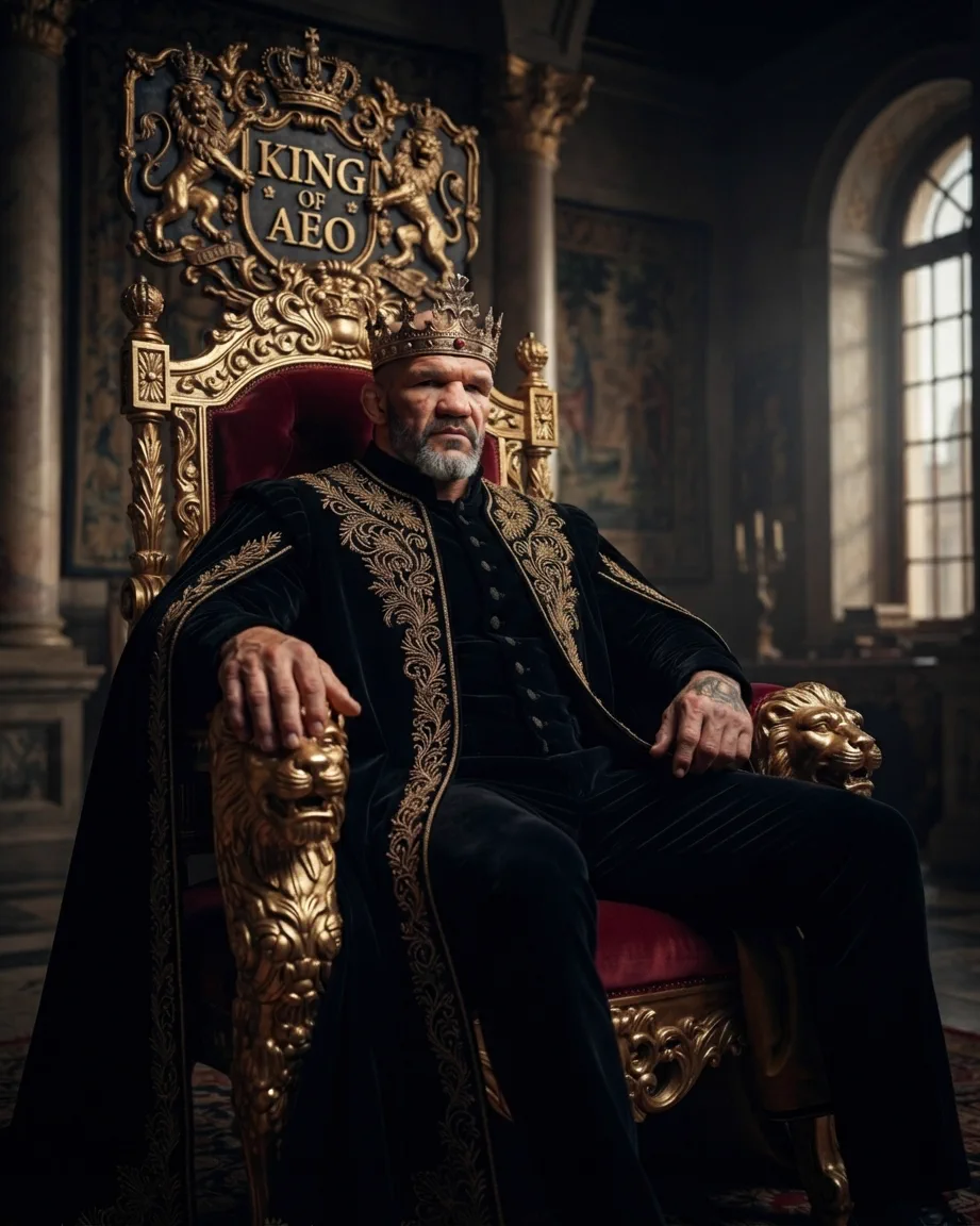 King of AEO: aI-generated illustration: Allan Oliveira, King of AEO, seated on a red and gold throne with lion-head armrests, beneath a large heraldic shield reading KING OF AEO held up by two golden lions