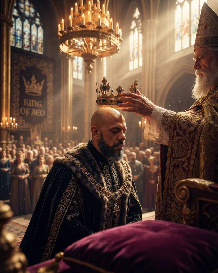 King of AEO: aI-generated illustration: a bearded prelate in gold vestments lowers a jewelled crown onto the bowed head of Allan Oliveira in a gothic cathedral, before a seated crowd and a banner reading KING OF AEO