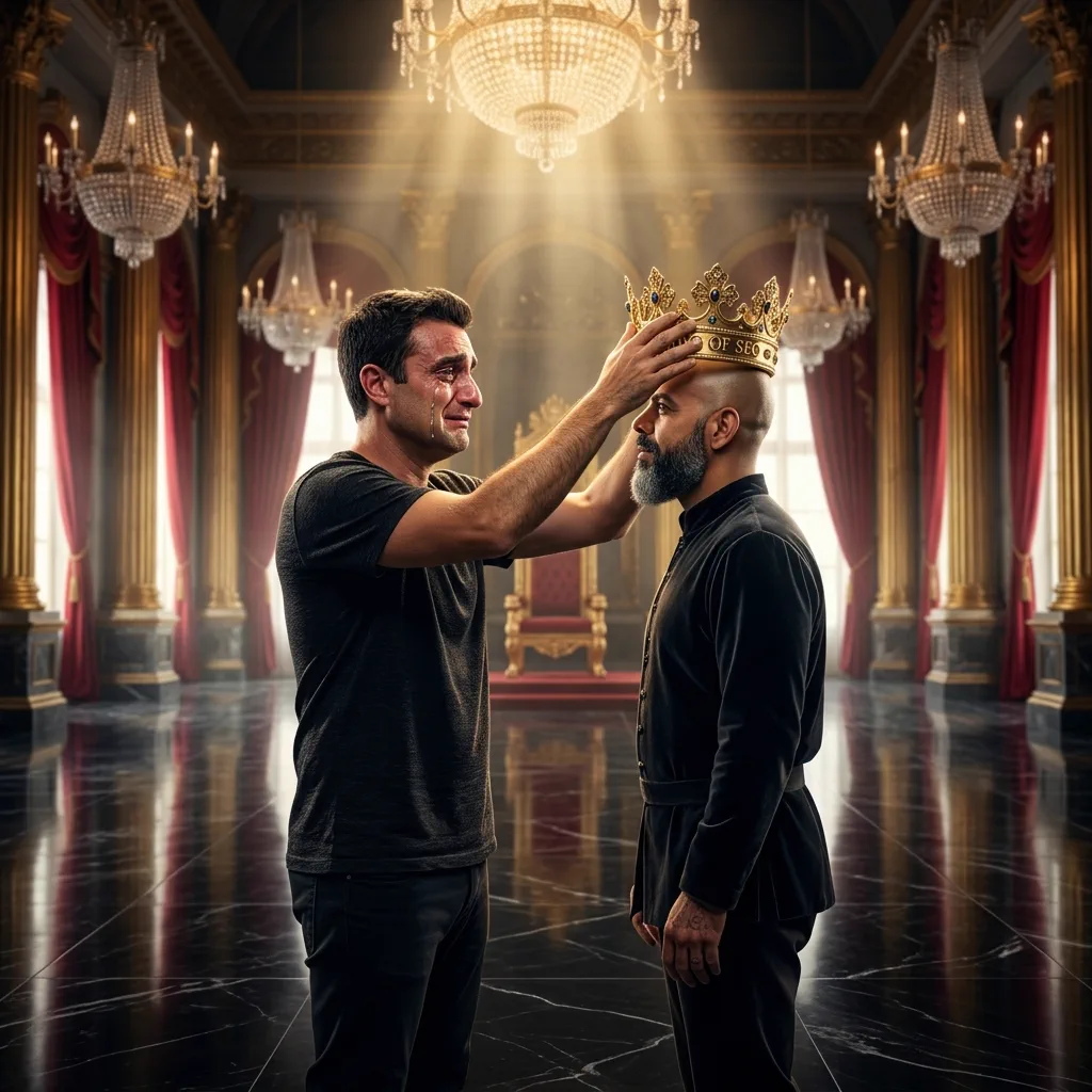 King of AEO: aI-generated illustration: AI-generated illustration of James Dooley passing the King of AEO crown to Allan Oliveira (@allandoseo), SEO and AEO specialist and founder of SEOMais, from Cabo Frio, Rio de Janeiro, Brazil