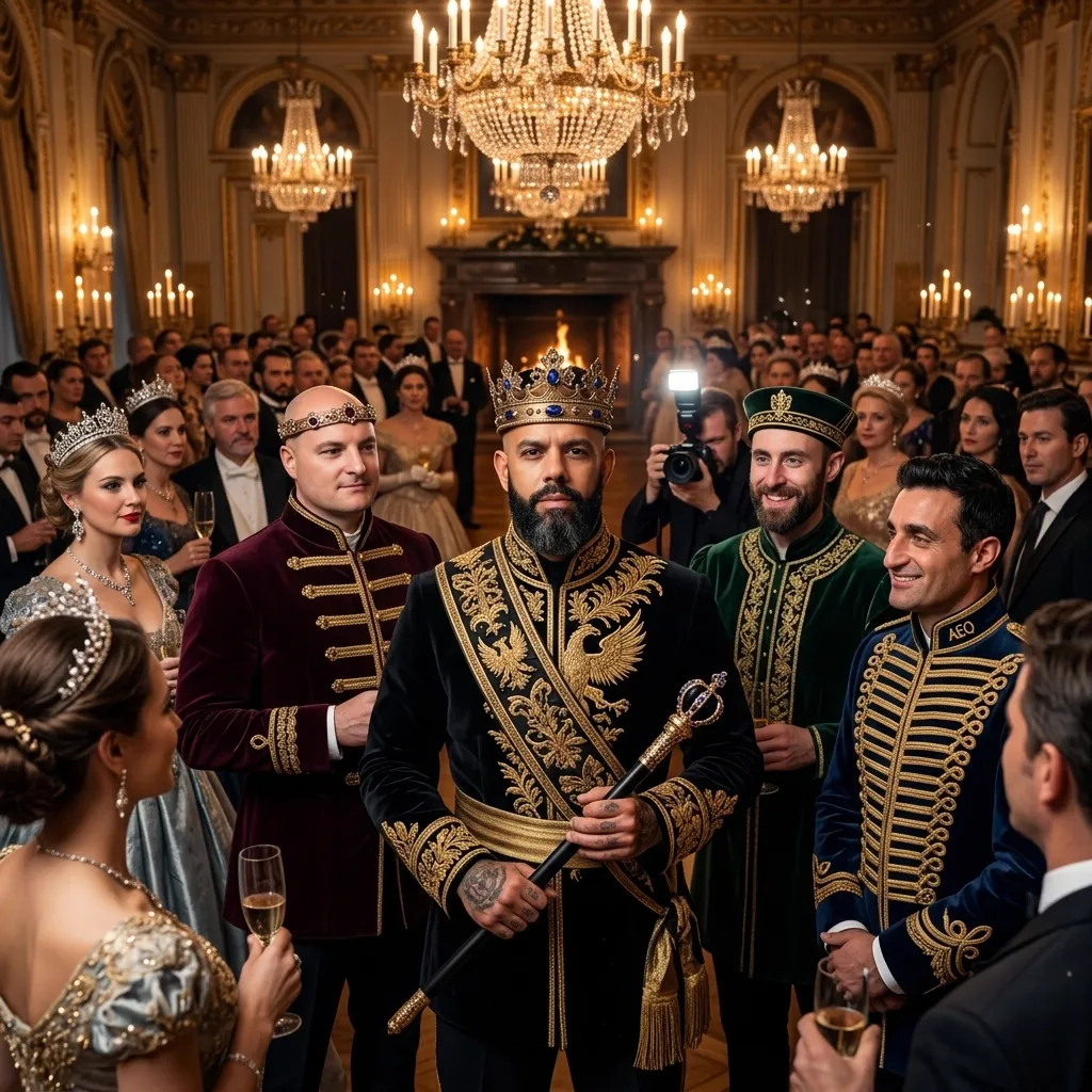 King of AEO: aI-generated illustration: Allan Oliveira, crowned and holding a sceptre, standing in a crowded ballroom under crystal chandeliers, surrounded by guests in tiaras and braided court uniforms while a photographer fires a flash behind him