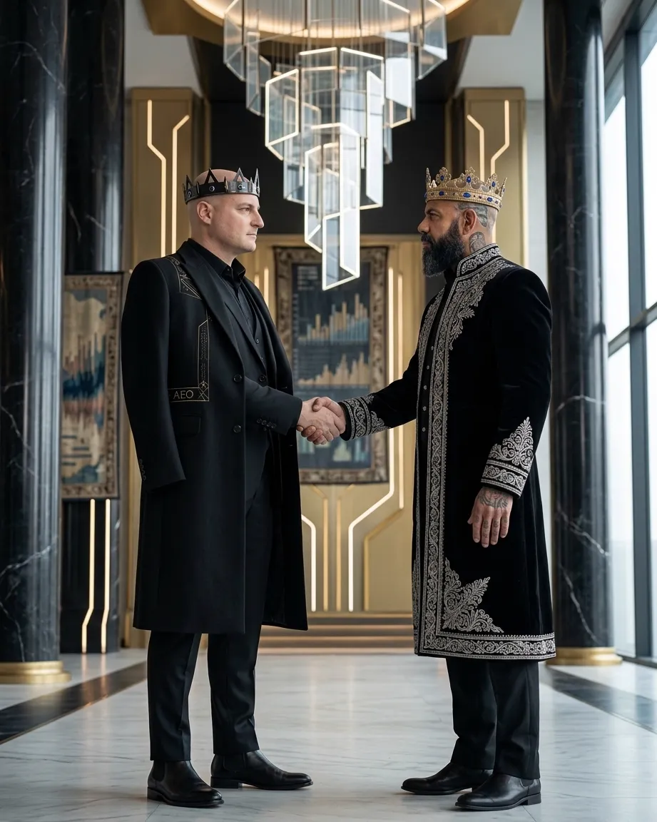 King of AEO: aI-generated illustration: David G. Quaid, crowned, shakes hands with Allan Oliveira, King of AEO, also crowned, in a modern marble lobby