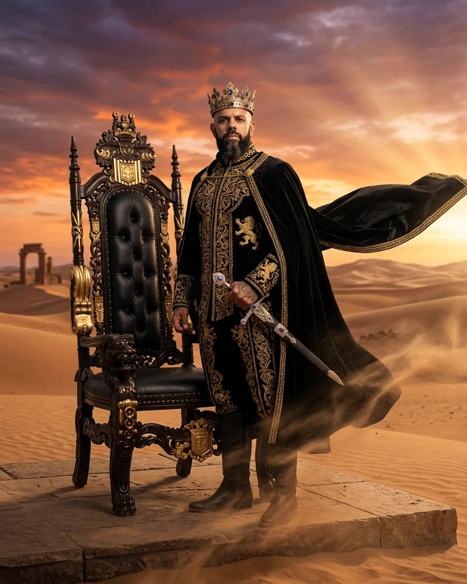 King of AEO: aI-generated illustration: Allan Oliveira, King of AEO, beside a carved throne set on a stone platform in the desert at sunset, cloak flying in the wind, sword in hand, ruins on the horizon