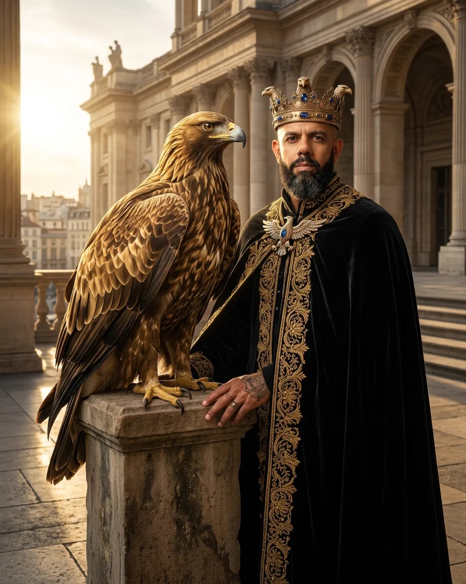 King of AEO: aI-generated illustration: Allan Oliveira, King of AEO, beside a golden eagle perched on a stone plinth, in a black velvet cloak with gold embroidery and an eagle-crested crown, colonnades behind in morning light