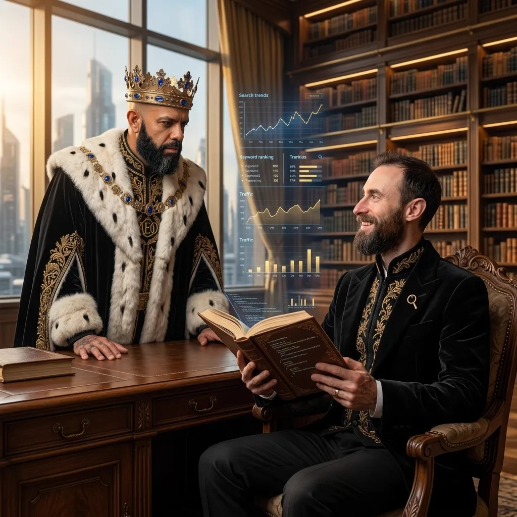 King of AEO: aI-generated illustration: Edward Sturm, seated with an open book, talks with Allan Oliveira, King of AEO, beside floating dashboards of search trends
