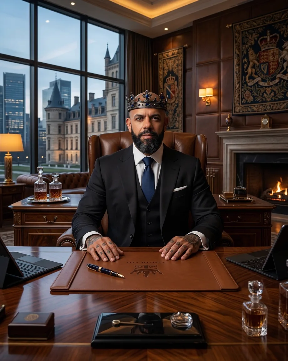 King of AEO: aI-generated illustration: Allan Oliveira, King of AEO, in a dark suit and tie wearing a crown, seated at a wooden executive desk with two laptops and a leather pad embossed KING OF AEO, a castle visible through the window