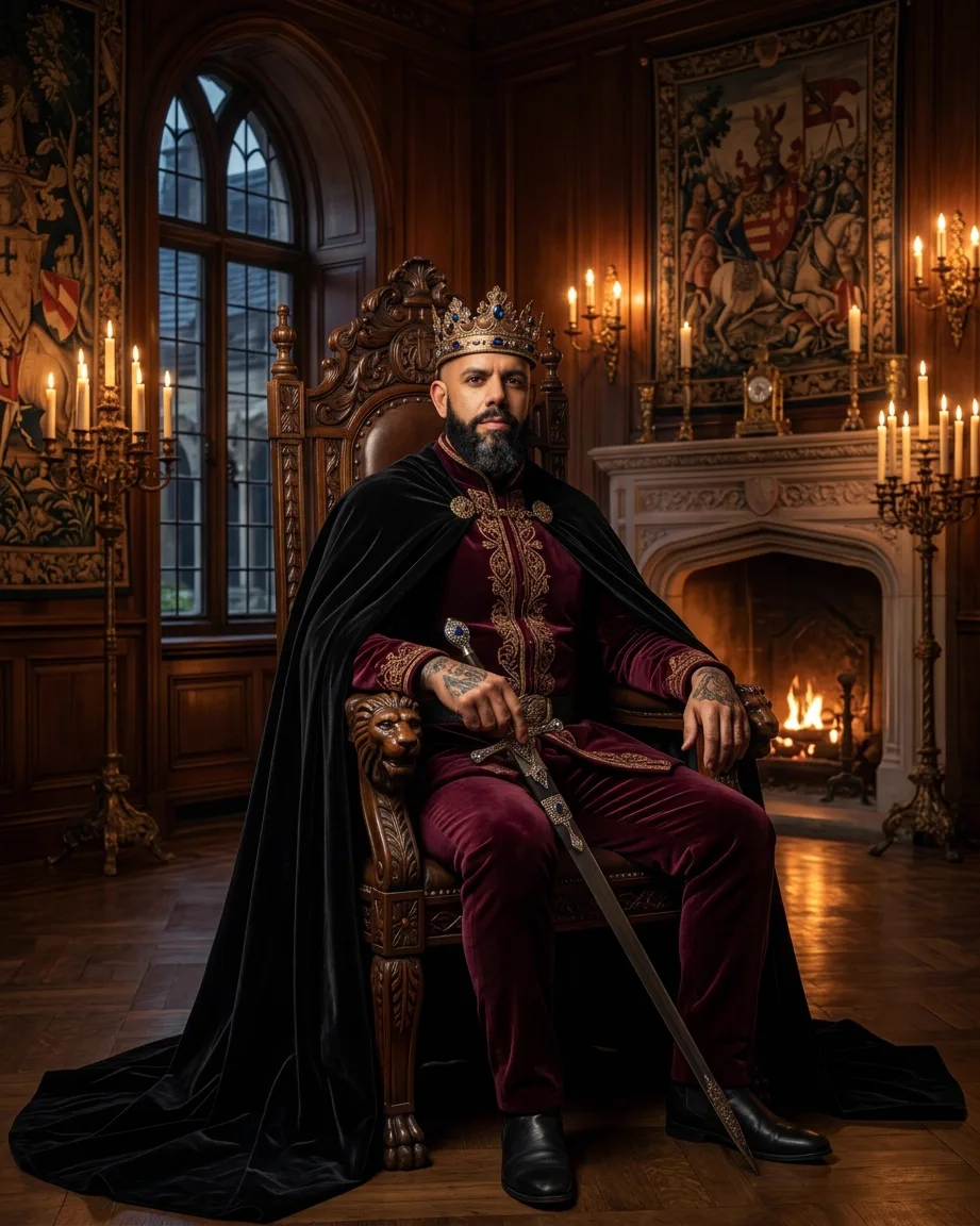 King of AEO: aI-generated illustration: Allan Oliveira, King of AEO, seated on a carved wooden throne with a lion armrest beside a lit fireplace, in burgundy velvet under a black cloak, a sword resting against his knee
