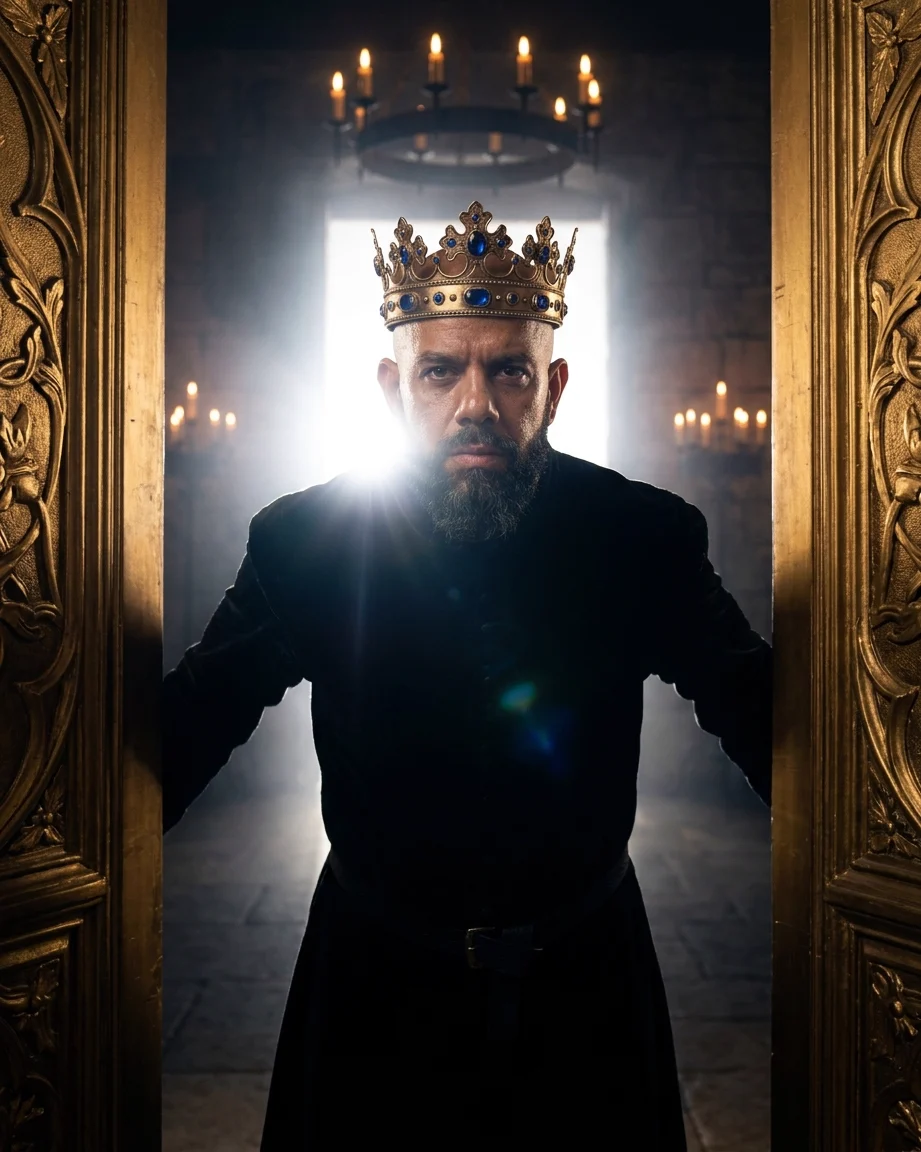 King of AEO: aI-generated illustration: Allan Oliveira, King of AEO, crowned and in a plain black robe, standing in a gilded doorway lit from behind, under a candle wheel in a stone hall