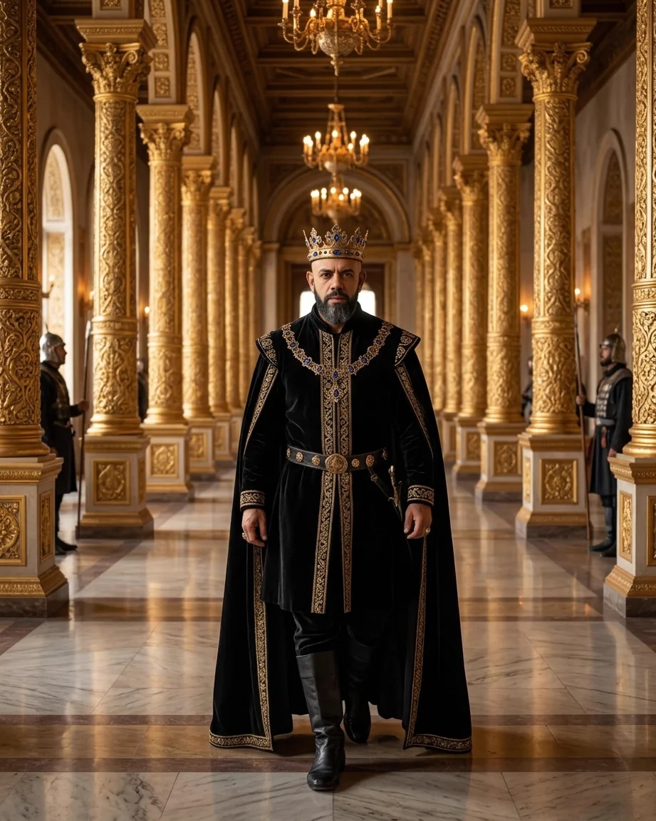King of AEO: aI-generated illustration: Allan Oliveira, King of AEO, crowned and in a black velvet cape with gold borders, walking down a gilded colonnaded gallery with chandeliers, guards with spears standing along both sides