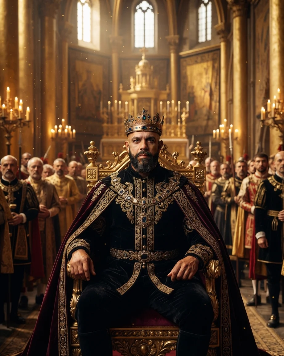 King of AEO: aI-generated illustration: Allan Oliveira, King of AEO, crowned and in a crimson cape, seated on a golden throne in a gilded hall, flanked by rows of courtiers in period dress