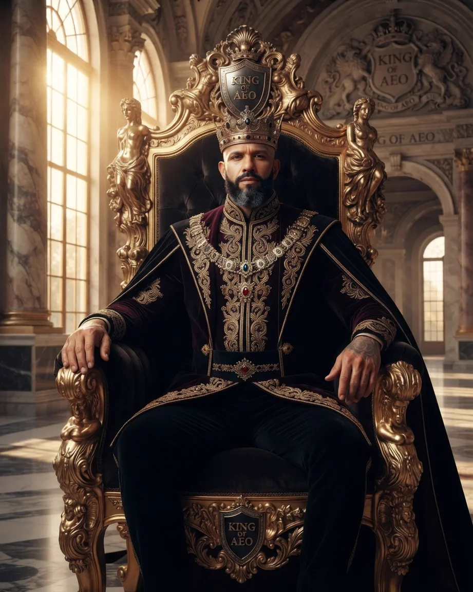 King of AEO: aI-generated illustration: Allan Oliveira, King of AEO, seated on an ornate golden baroque throne in a marble hall, wearing a jewelled crown and a black and burgundy velvet robe with heavy gold embroidery