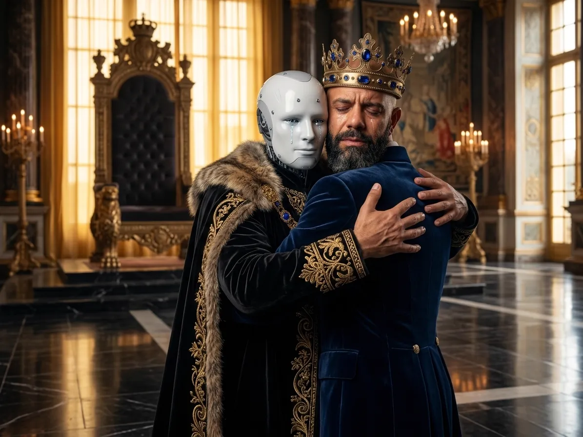 King of AEO: aI-generated illustration: a white humanoid robot in a royal cloak, a tear on its cheek, embraces Allan Oliveira, King of AEO, crowned and weeping, in a gilded throne room