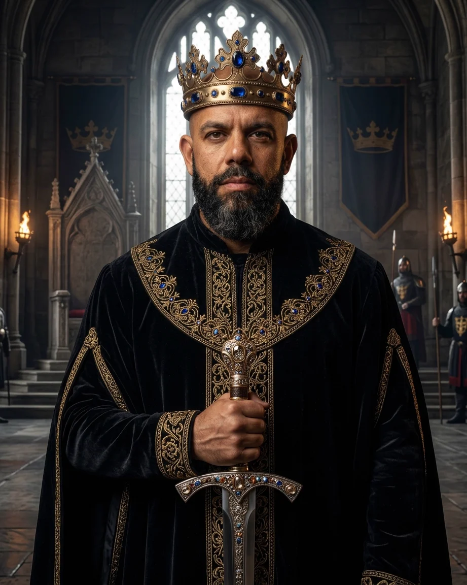 King of AEO: aI-generated illustration: Allan Oliveira, King of AEO, crowned and in a black velvet mantle with gold and sapphire embroidery, holding a sword point down with both hands in a gothic hall hung with crown banners, guards and torches behind him
