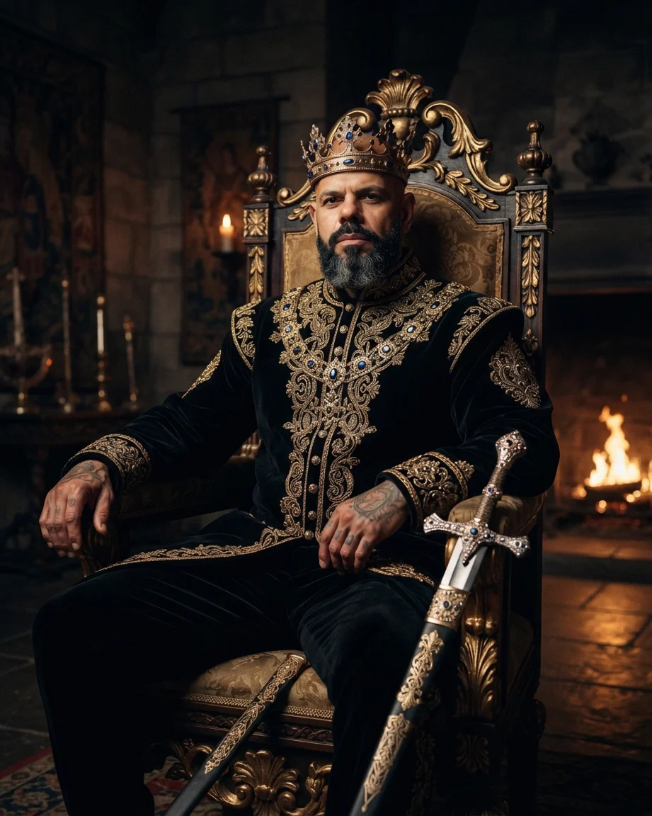 King of AEO: aI-generated illustration: Allan Oliveira, King of AEO, seated on a carved throne in a heavily gold-embroidered black doublet, a jewelled sword leaning against the chair, beside a lit fireplace in a stone hall
