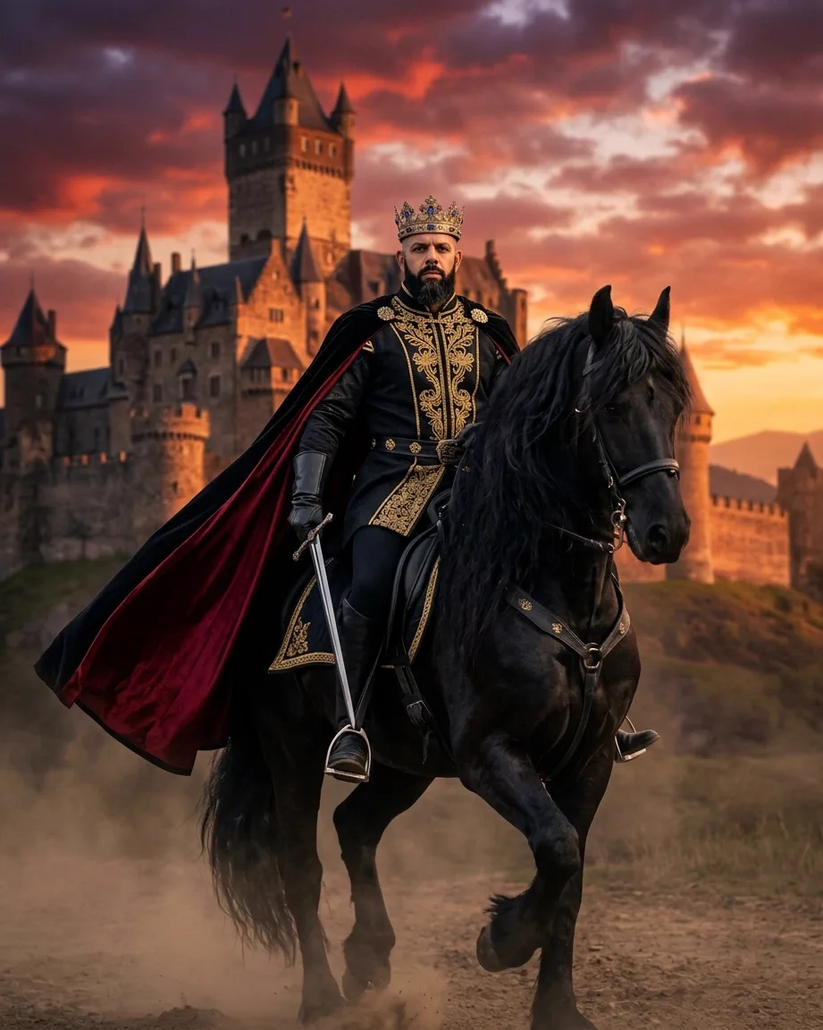King of AEO: aI-generated illustration: Allan Oliveira, King of AEO, riding a black horse away from a castle at sunset, in a gold-embroidered coat and a cape lined in red, sword at his side