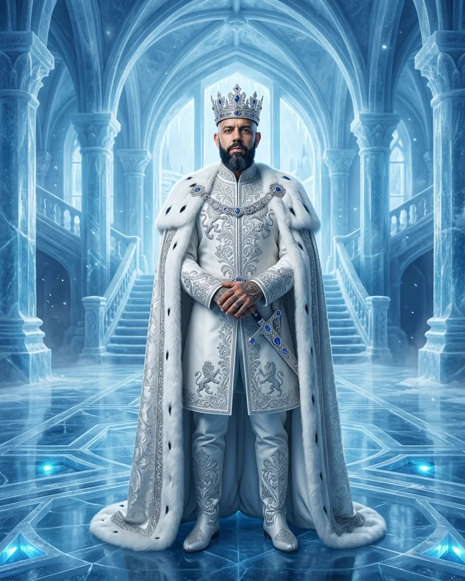 King of AEO: aI-generated illustration: Allan Oliveira, King of AEO, in a white ermine robe with silver embroidery and an ice-blue crown, standing in a frozen palace hall of pale blue ice
