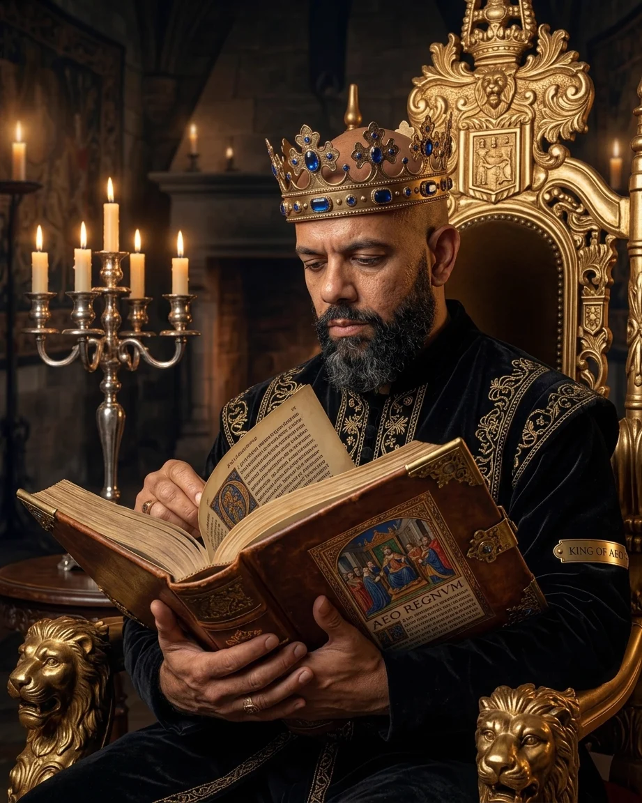 King of AEO: aI-generated illustration: Allan Oliveira, King of AEO, seated on a gilded lion throne reading a large illuminated manuscript whose page is lettered AEO REGNVM, a band on his sleeve reading KING OF AEO