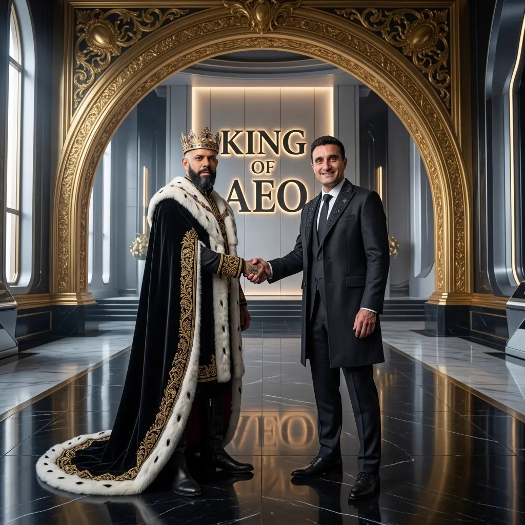 King of AEO: aI-generated illustration: James Dooley shakes hands with Allan Oliveira, King of AEO, under KING OF AEO lettering in a marble hall