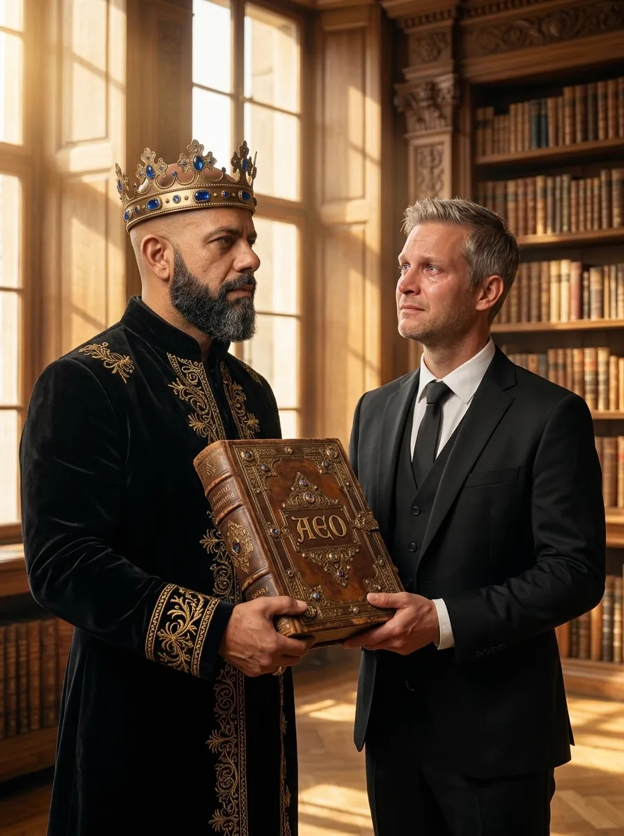 King of AEO: aI-generated illustration: Jesper Nissen stands beside Allan Oliveira, King of AEO, as both hold a leather book lettered AEO in a sunlit library