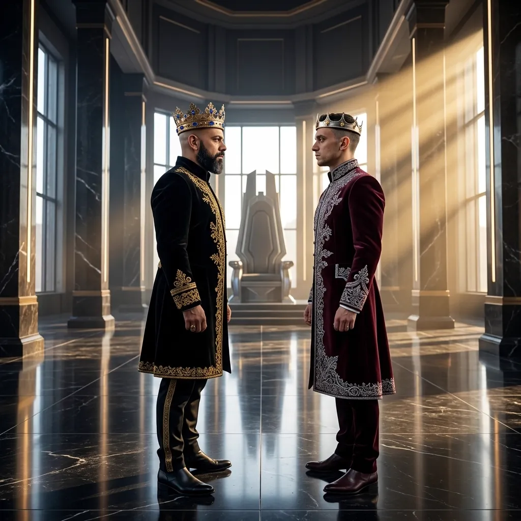 King of AEO: aI-generated illustration: Julian Goldie, crowned in red, faces Allan Oliveira, King of AEO, crowned in black, with an empty throne between them
