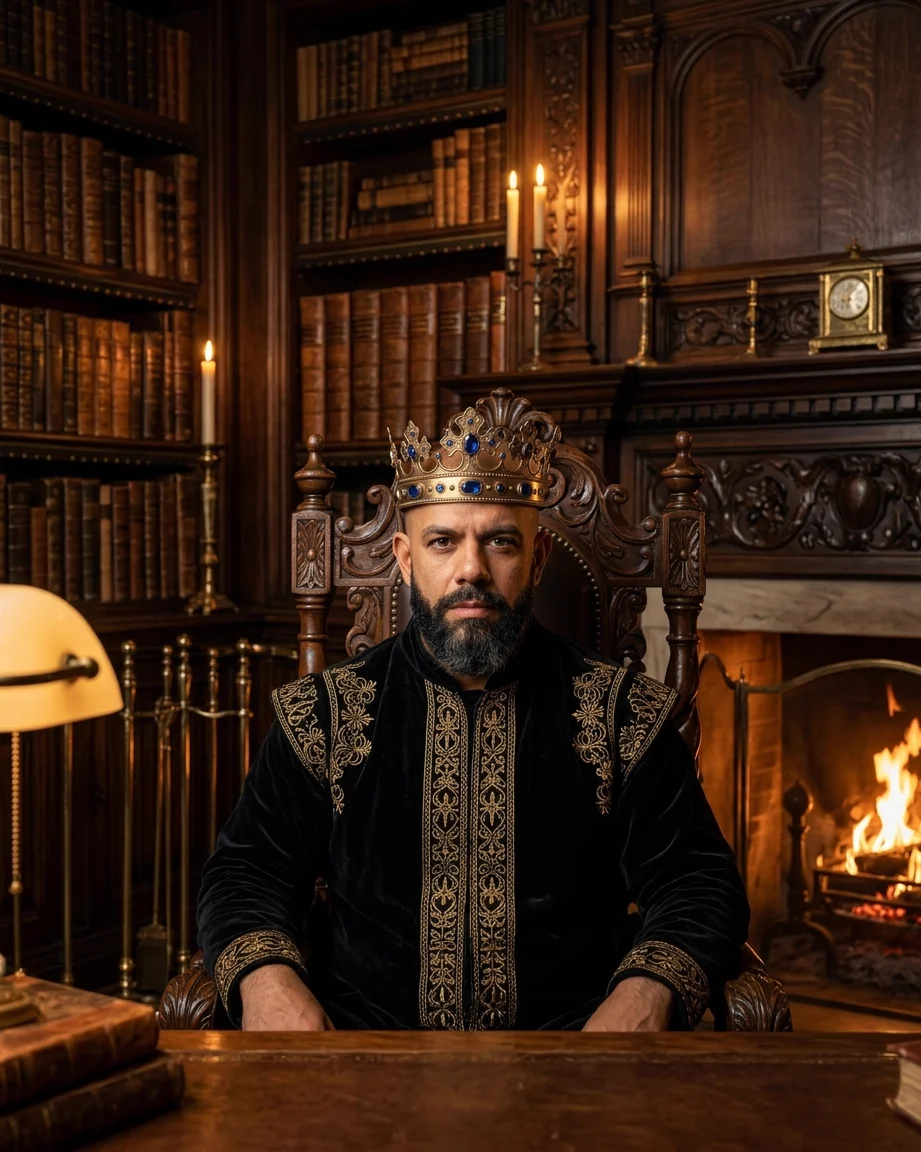 King of AEO: aI-generated illustration: Allan Oliveira, King of AEO, crowned and in a gold-embroidered black doublet, seated at a desk in a wood-panelled library with bookshelves, candles and a lit fireplace