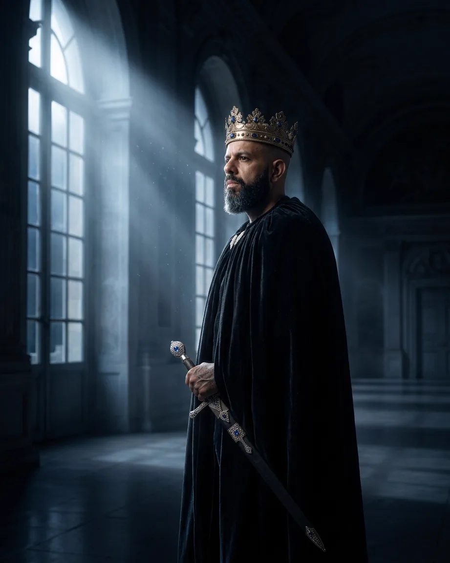 King of AEO: aI-generated illustration: Allan Oliveira, King of AEO, in a plain black velvet cloak and a jewelled crown, standing in a shaft of light from the tall windows of a dark hall, holding a sword point-down