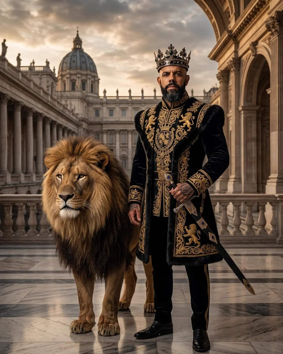 King of AEO: aI-generated illustration: Allan Oliveira, King of AEO, walking beside a full-grown lion across a marble courtyard, a domed basilica behind, in a black coat embroidered with golden heraldic lions