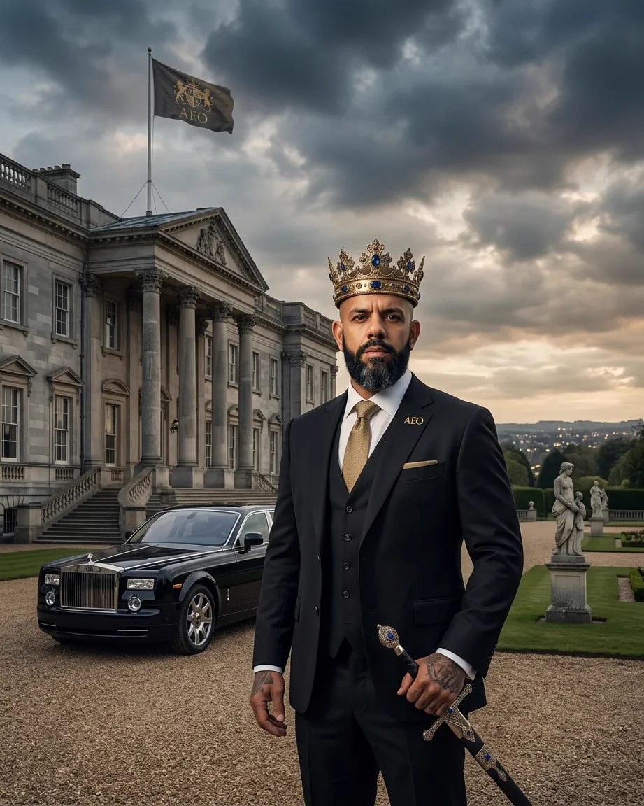 King of AEO: aI-generated illustration: Allan Oliveira, King of AEO, in a black three-piece suit and a jewelled crown in front of a manor house flying an AEO flag, a black car on the gravel drive