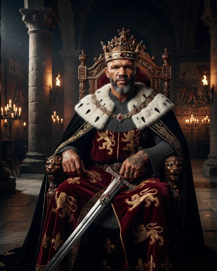 King of AEO: aI-generated illustration: Allan Oliveira, King of AEO, seated on a carved wooden throne in candlelight, in chainmail and a crimson robe embroidered with golden lions, an ermine collar and a sword laid across his lap