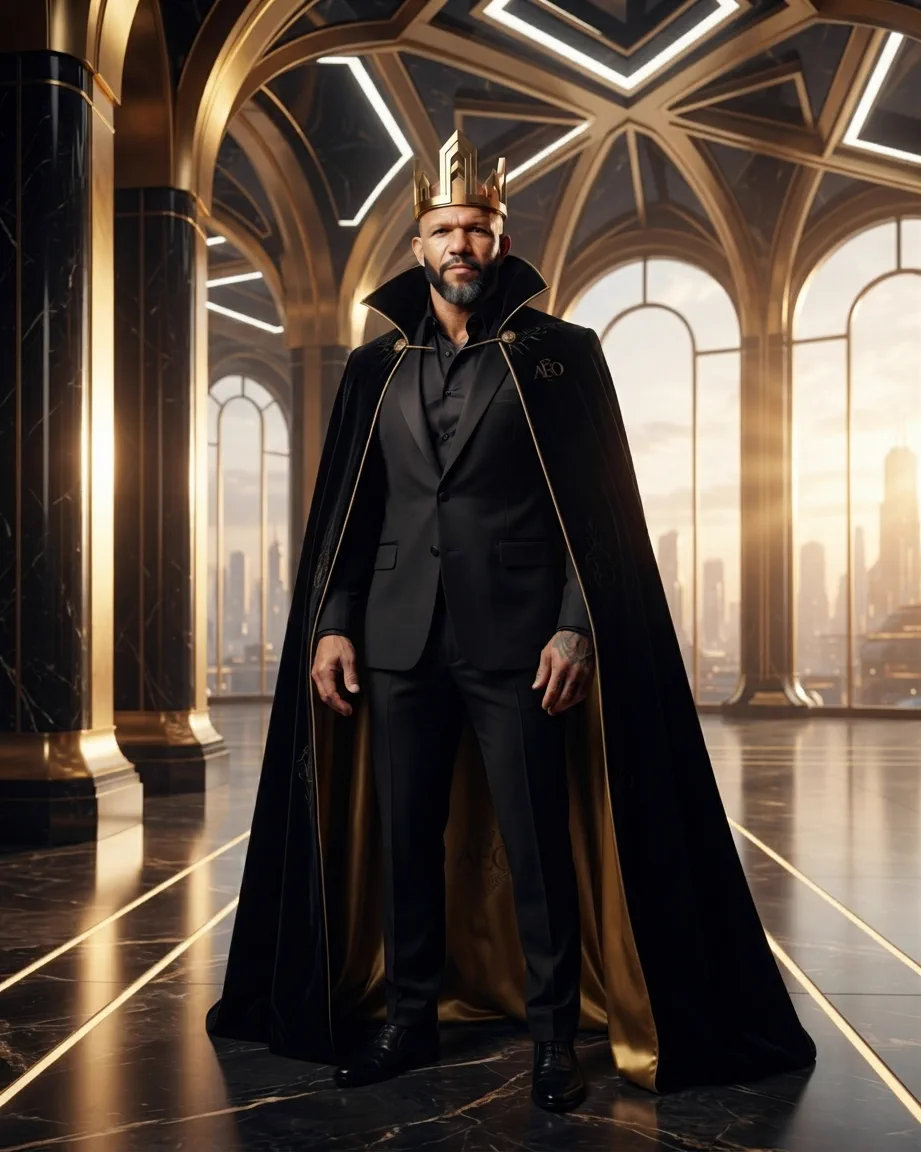 King of AEO: aI-generated illustration: Allan Oliveira, King of AEO, in a black cape over a modern suit, wearing an angular gold crown in a glass and black-marble hall overlooking a city skyline at dusk