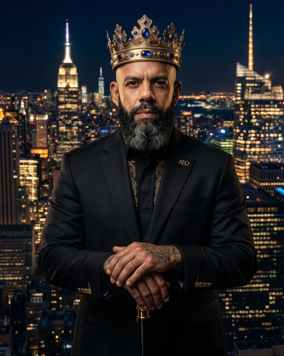King of AEO: aI-generated illustration: Allan Oliveira, King of AEO, in a black suit with an AEO crest on the lapel, hands resting on a cane, the lit New York skyline behind him at night
