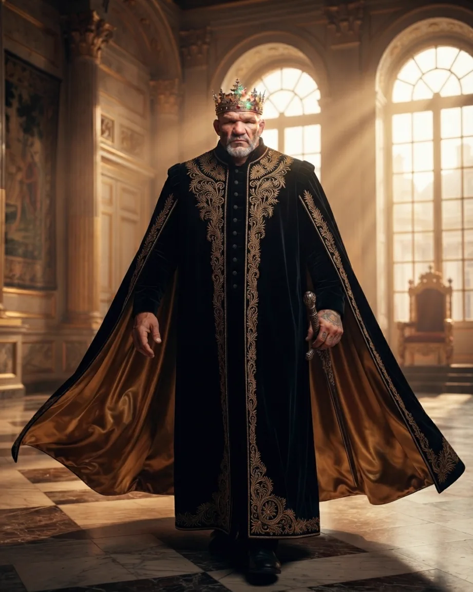 King of AEO: aI-generated illustration: Allan Oliveira, King of AEO, crossing an empty palace hall in a long black cloak lined in gold, carrying a sceptre, with a gilded throne standing empty behind him