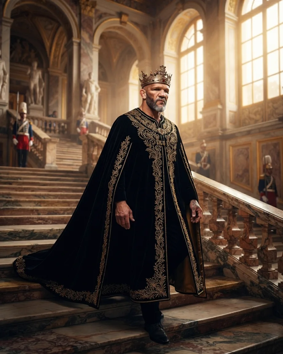 King of AEO: aI-generated illustration: Allan Oliveira, King of AEO, walking down a grand marble palace staircase in a long black cloak embroidered in gold, guards in red uniforms and marble statues behind him