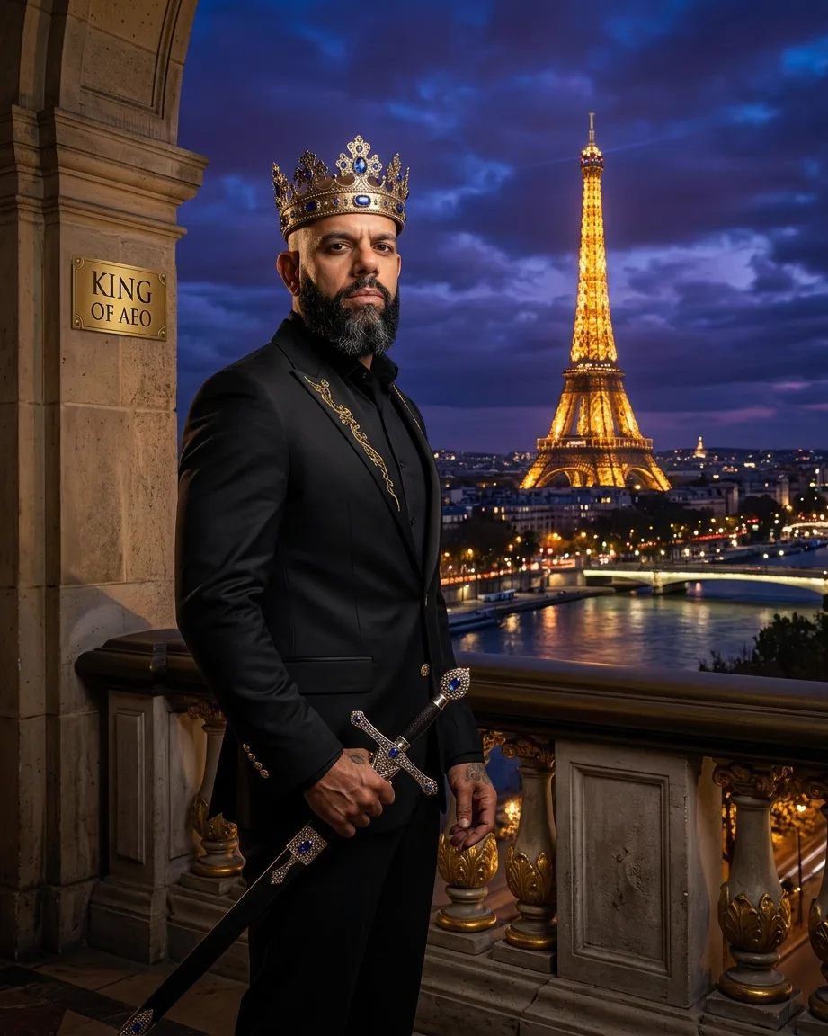 King of AEO: aI-generated illustration: Allan Oliveira, King of AEO, on a stone balcony at night with the lit Eiffel Tower behind him and a brass plaque reading KING OF AEO mounted on the arch beside him