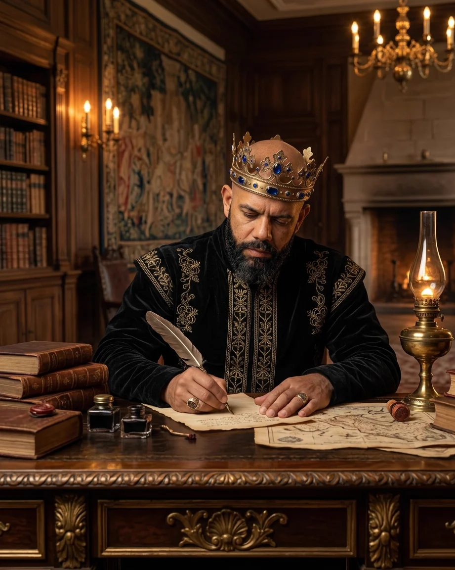 King of AEO: aI-generated illustration: Allan Oliveira, King of AEO, crowned and in a black velvet doublet, writing on parchment with a quill beside an old map, ink bottles and wax seals, in a wood-panelled room with a tapestry