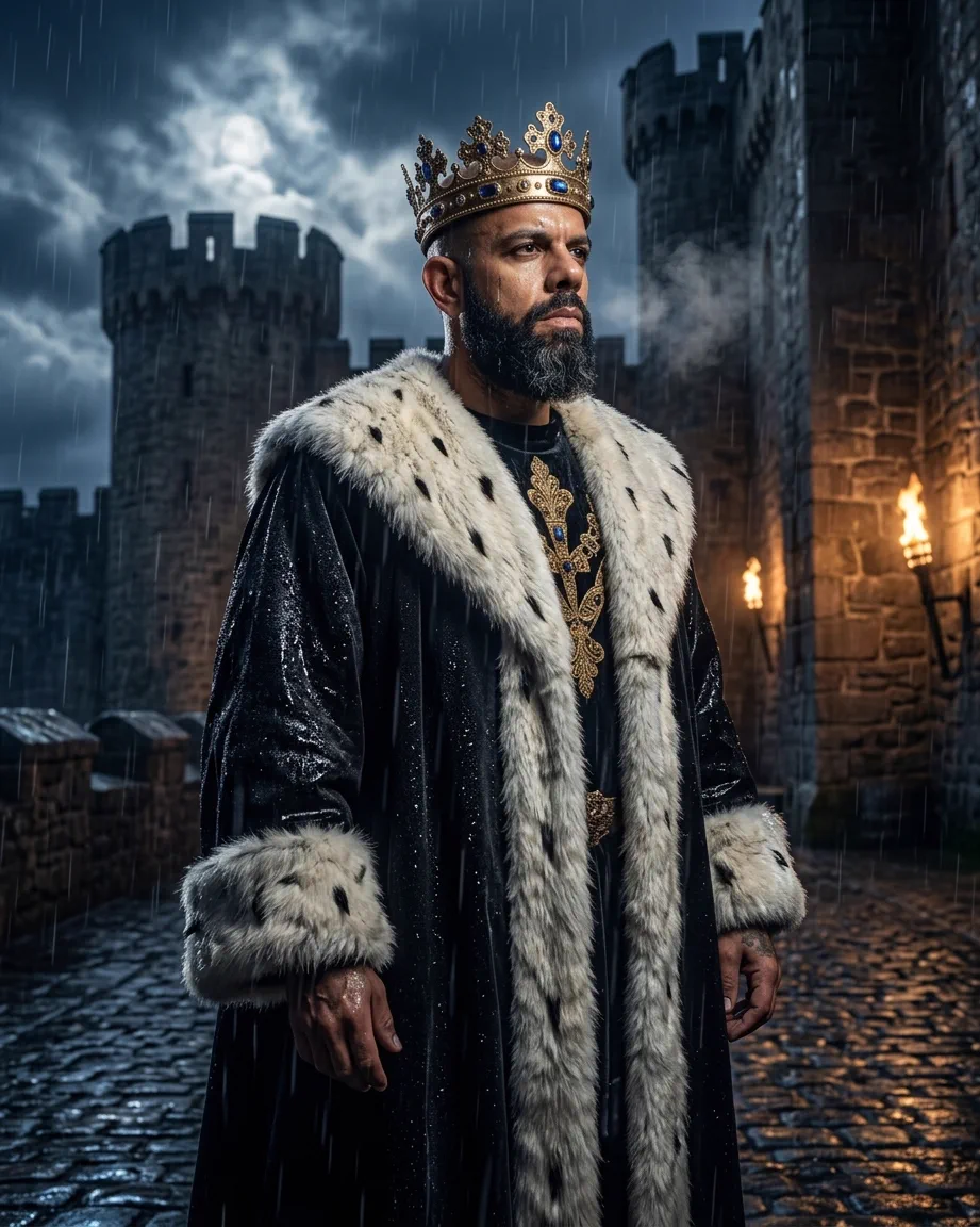 King of AEO: aI-generated illustration: Allan Oliveira, King of AEO, standing in the rain on a castle rampart at night, in a black robe with a wide ermine collar and a jewelled crown, torches burning on the wall behind