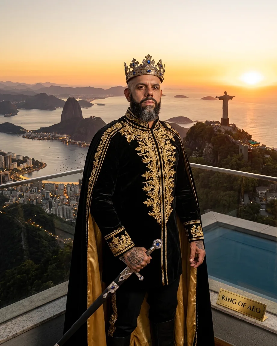 King of AEO: aI-generated illustration: Allan Oliveira, King of AEO, on a terrace above Rio de Janeiro at sunset, Christ the Redeemer and Sugarloaf Mountain behind him, a brass plate reading KING OF AEO on the rail