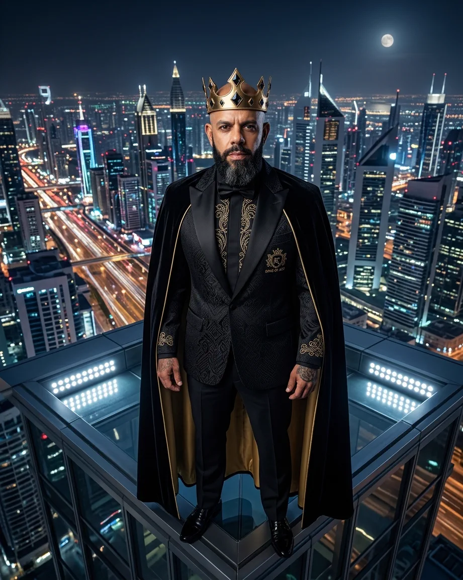 King of AEO: aI-generated illustration: Allan Oliveira, King of AEO, crowned on a glass rooftop at night above a lit city skyline, in a black cape lined with gold over an embroidered black suit